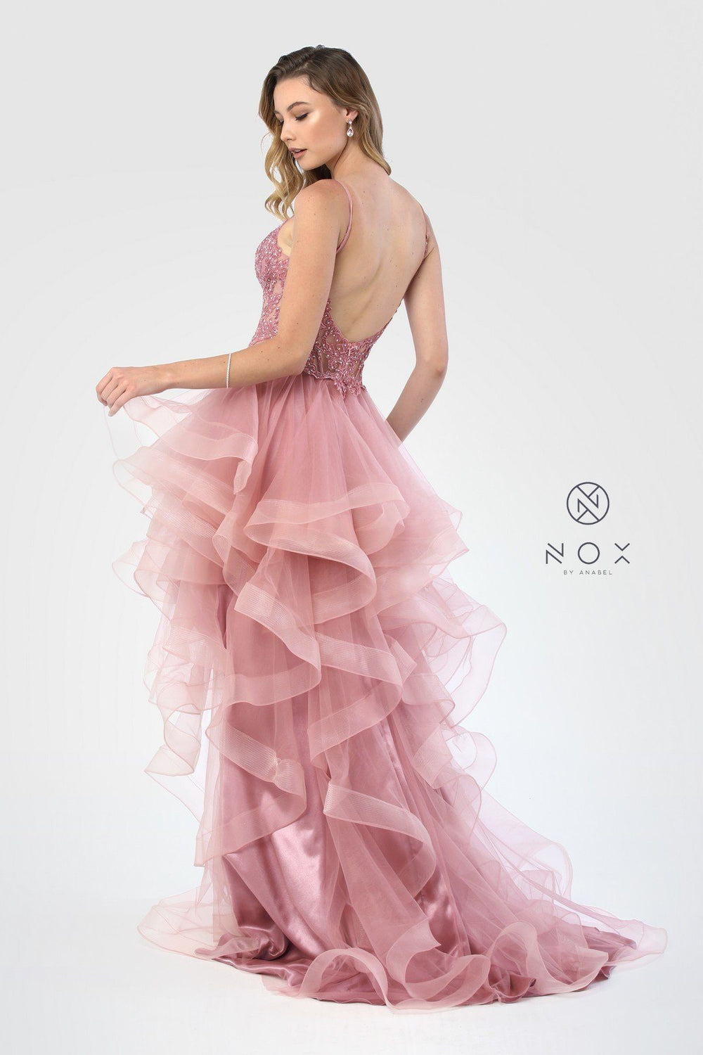Tiered High Low Dress with Sheer Embroidered Bodice by Nox Anabel A178-Long Formal Dresses-ABC Fashion