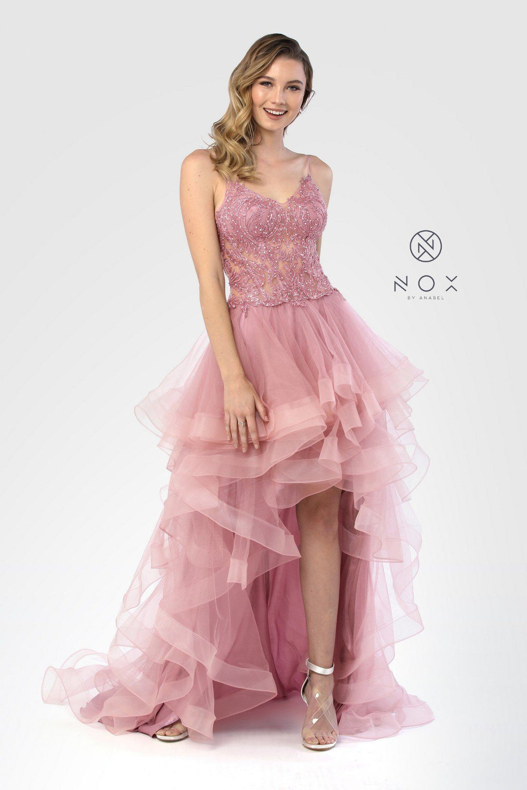 Tiered High Low Dress with Sheer Embroidered Bodice by Nox Anabel A178-Long Formal Dresses-ABC Fashion