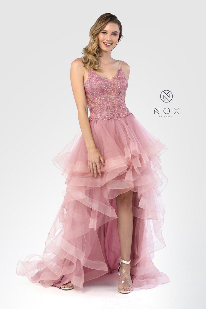 Tiered High Low Dress with Sheer Embroidered Bodice by Nox Anabel A178-Long Formal Dresses-ABC Fashion