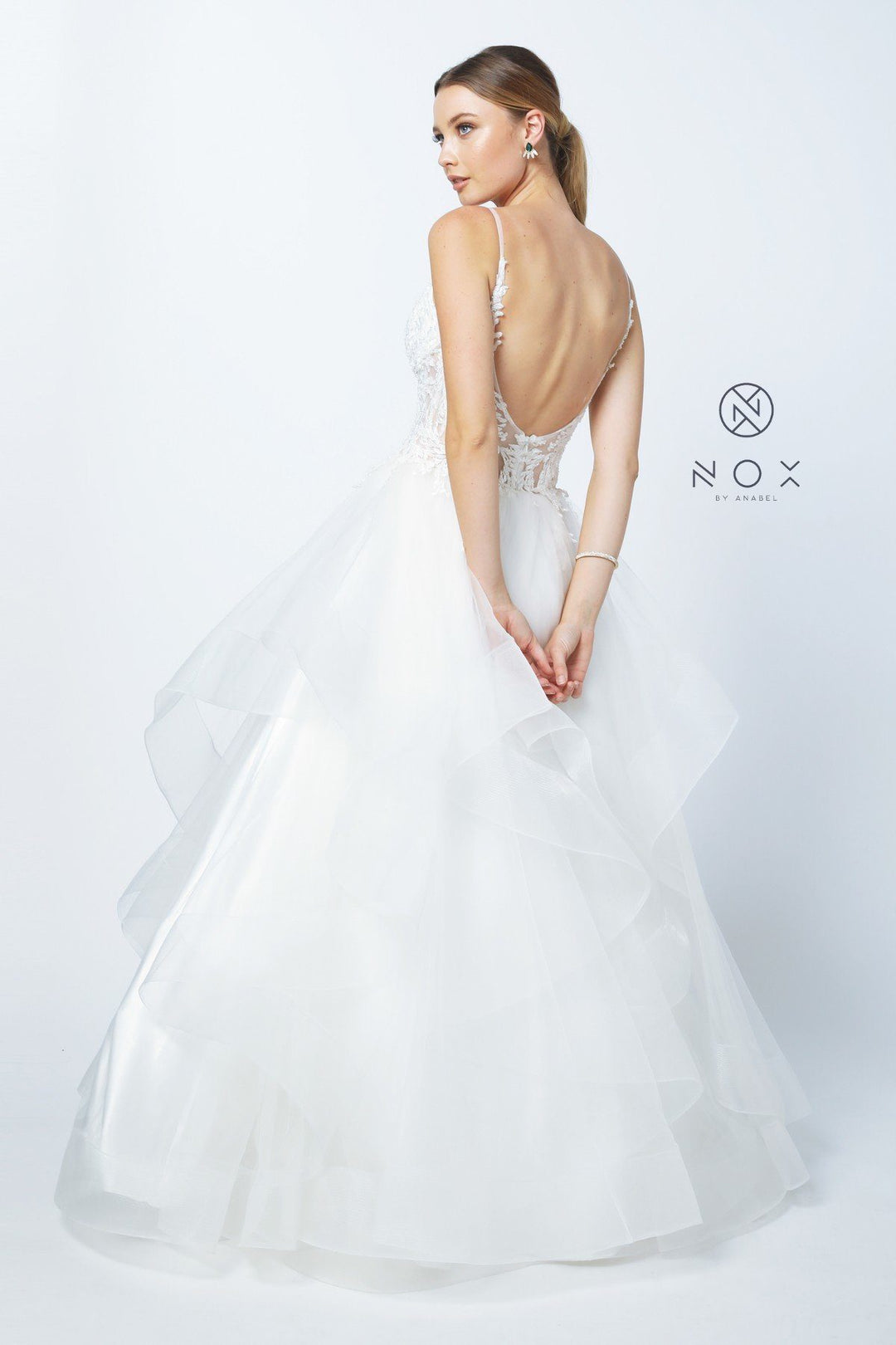 Tiered Lace Applique Long A-line Dress by Nox Anabel W904-Long Formal Dresses-ABC Fashion