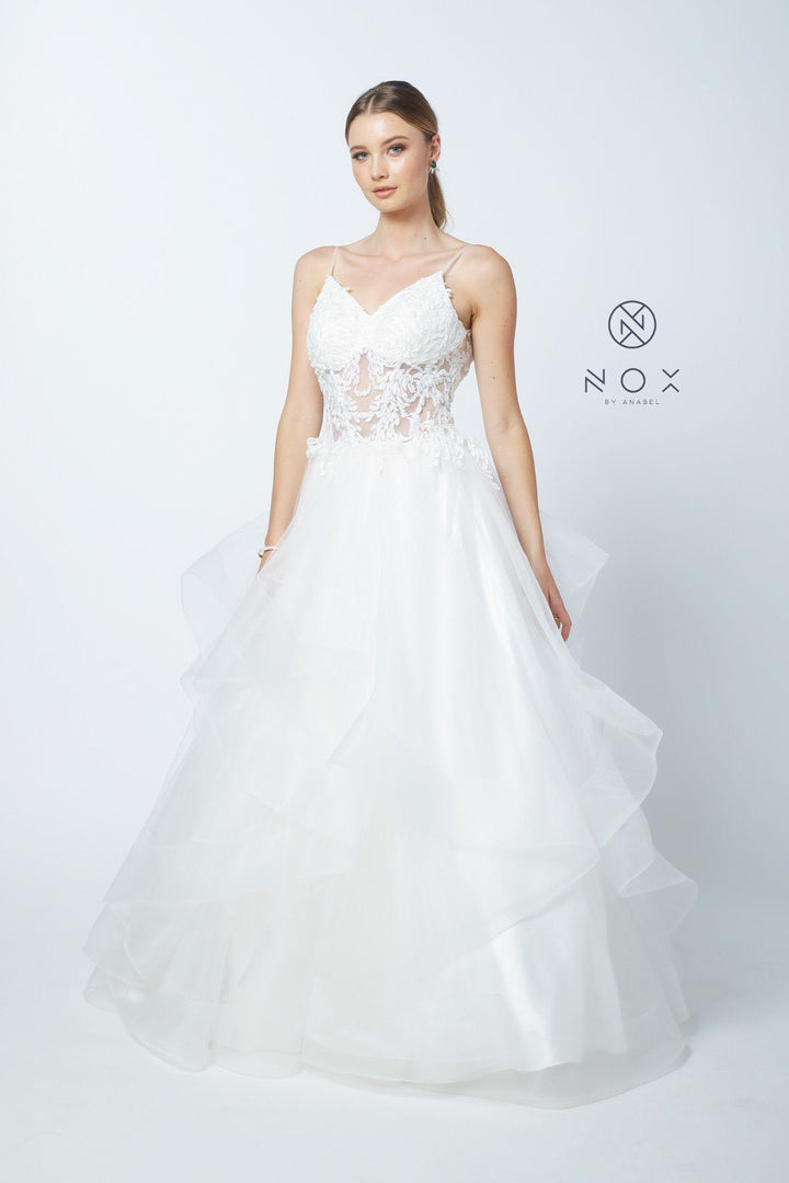 Tiered Lace Applique Long A-line Dress by Nox Anabel W904-Long Formal Dresses-ABC Fashion