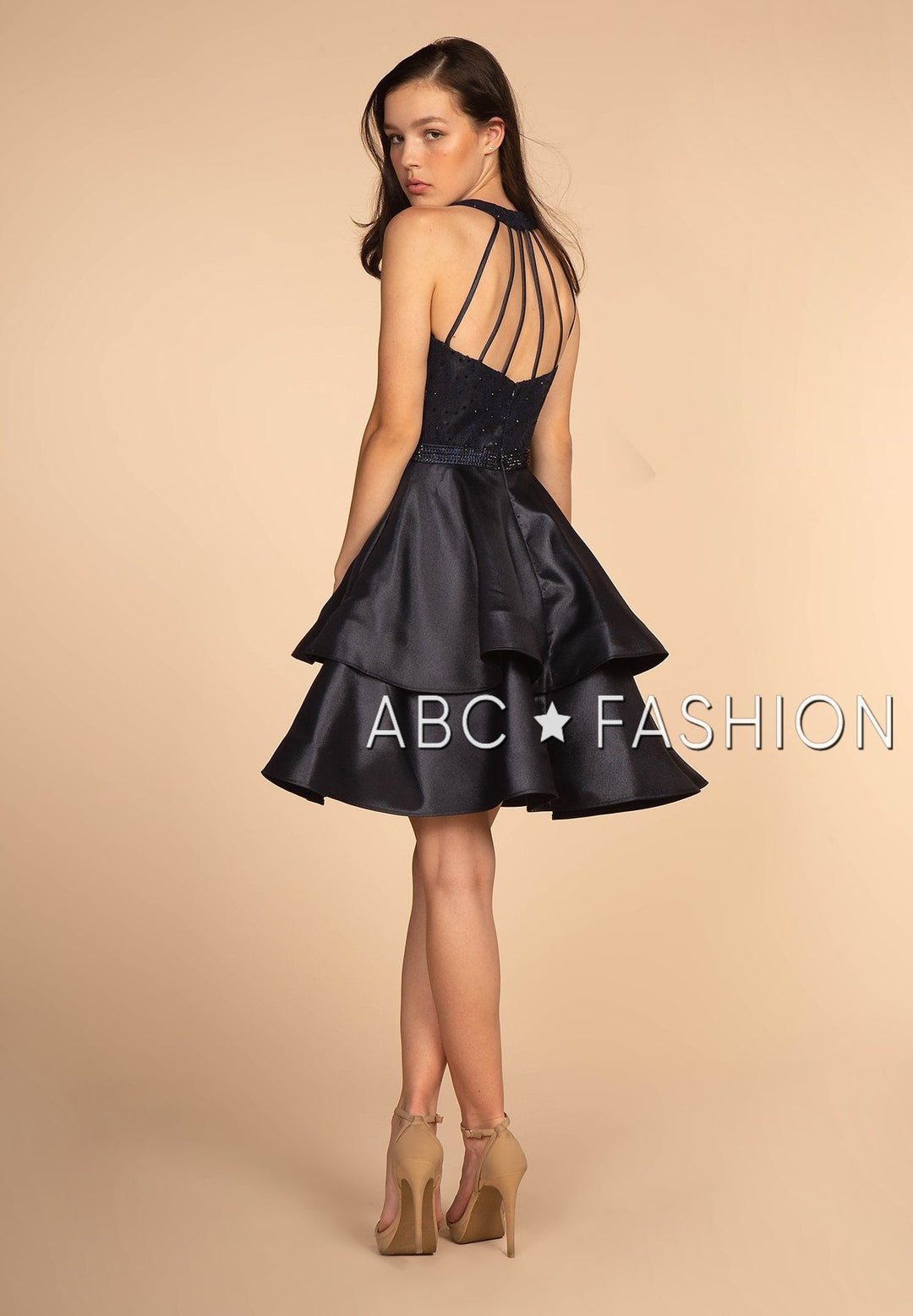 Tiered Short Dress with Strappy Back by Elizabeth K GS1603-Short Cocktail Dresses-ABC Fashion