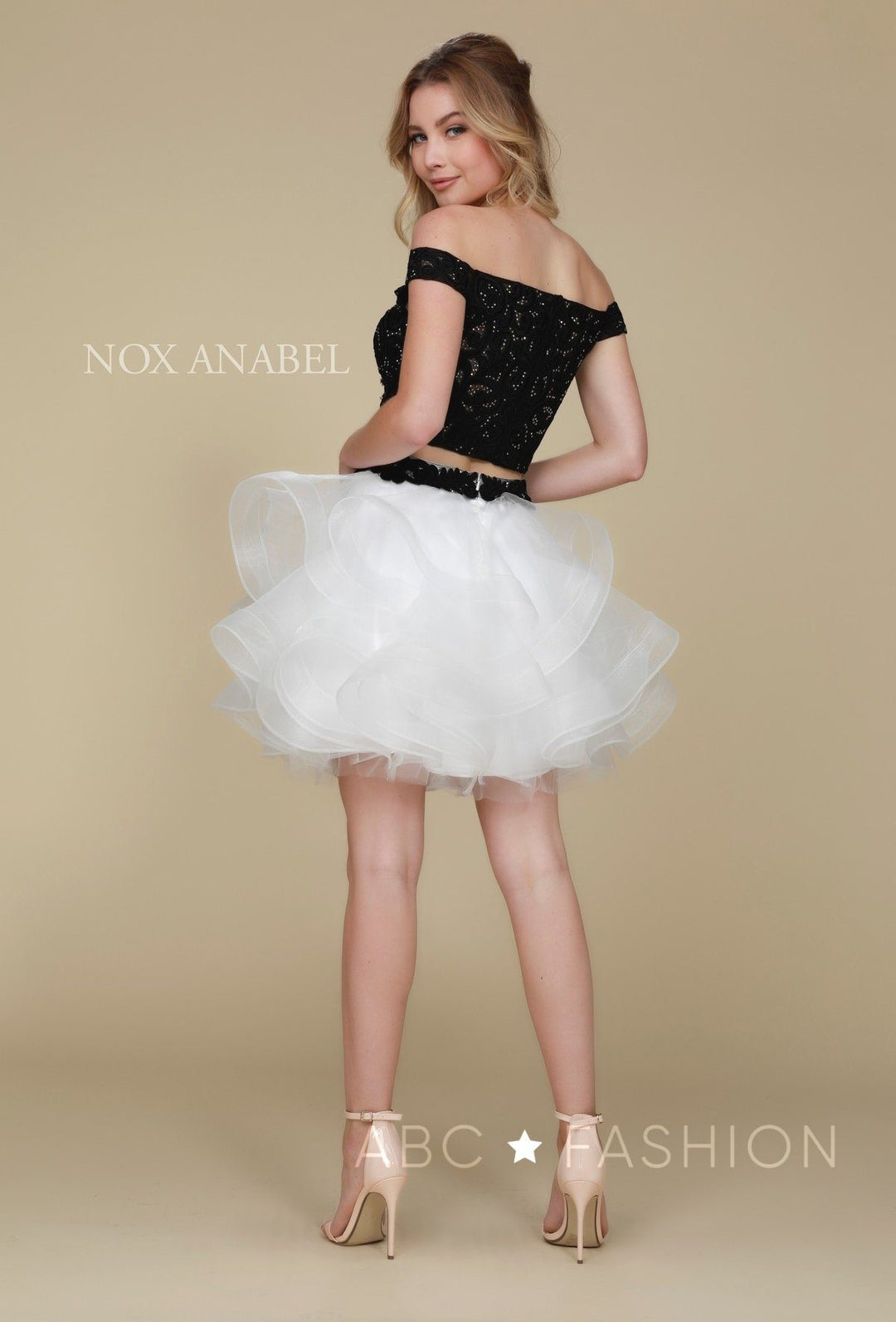 Tulle Short Off the Shoulder Two-Piece Dress by Nox Anabel A613-Short Cocktail Dresses-ABC Fashion