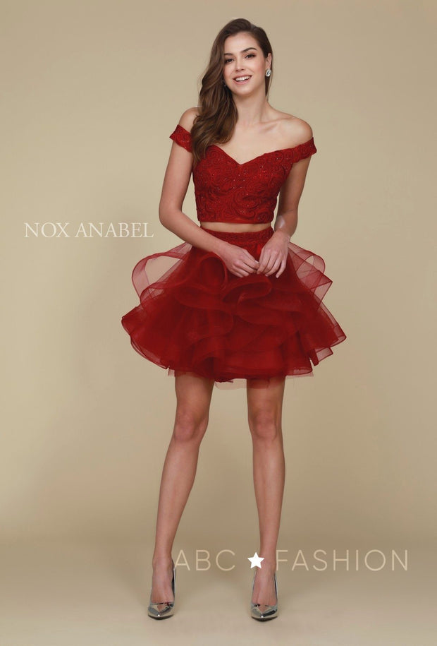 Tulle Short Off the Shoulder Two-Piece Dress by Nox Anabel A613-Short Cocktail Dresses-ABC Fashion