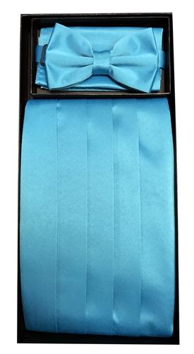 Turquoise Poly Satin Cummerbund, Bow Tie, and Hanky Set-Men's Cummerbund-ABC Fashion