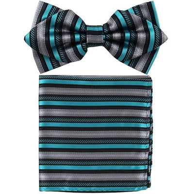 Turquoise/Black Striped Bow Tie with Pocket Square (Pointed Tip)-Men's Bow Ties-ABC Fashion
