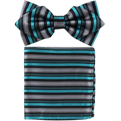 Turquoise/Black Striped Bow Tie with Pocket Square (Pointed Tip)-Men's Bow Ties-ABC Fashion