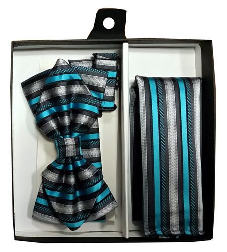 Turquoise/Black Striped Bow Tie with Pocket Square (Pointed Tip)-Men's Bow Ties-ABC Fashion