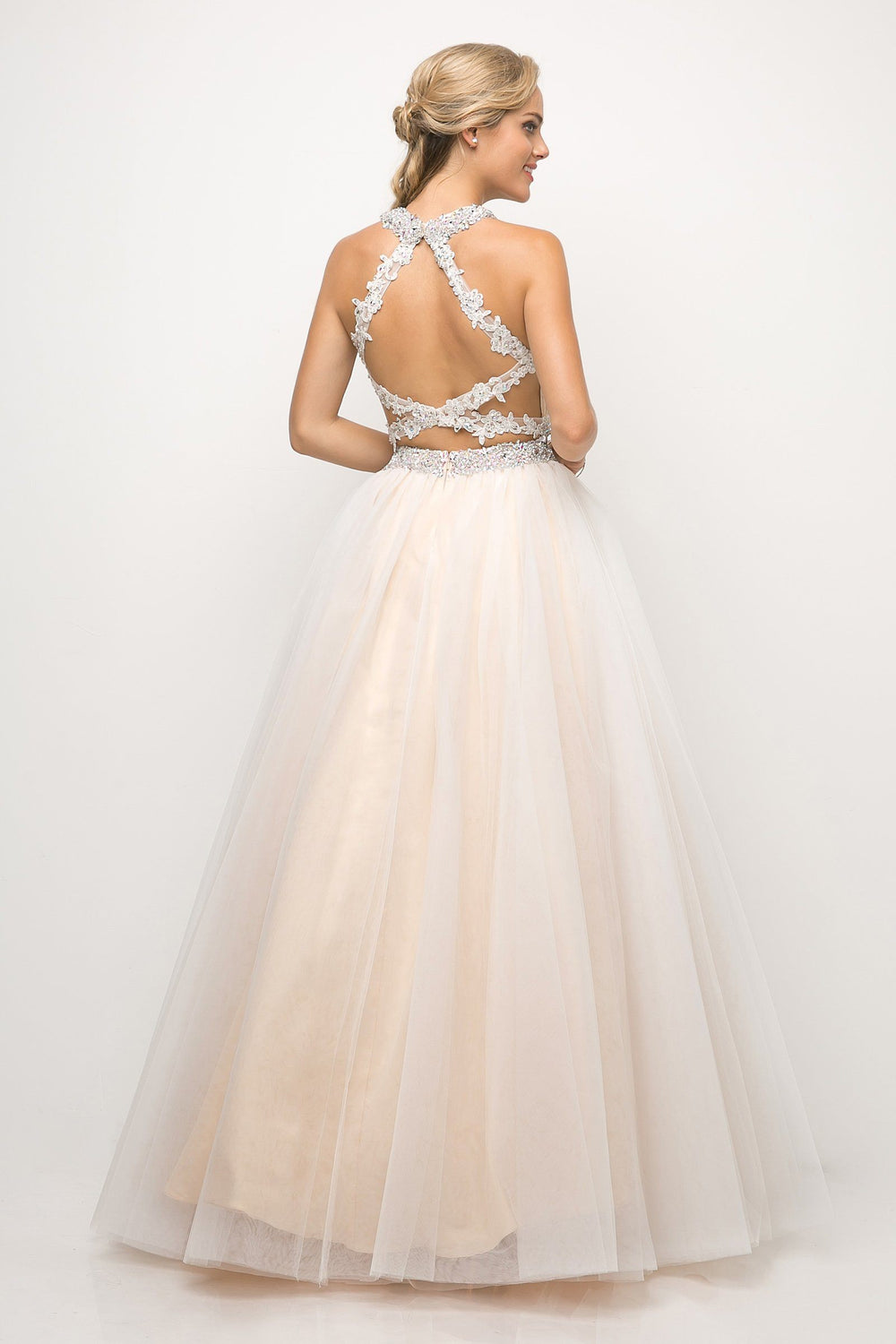 Two-Piece Ball Gown wih Beaded Lace Top by Cinderella Divine UM078-Long Formal Dresses-ABC Fashion