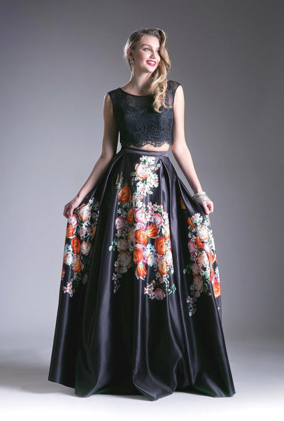 Two Piece Floral Print Dress with Lace Top by Cinderella Divine KC1813-Long Formal Dresses-ABC Fashion