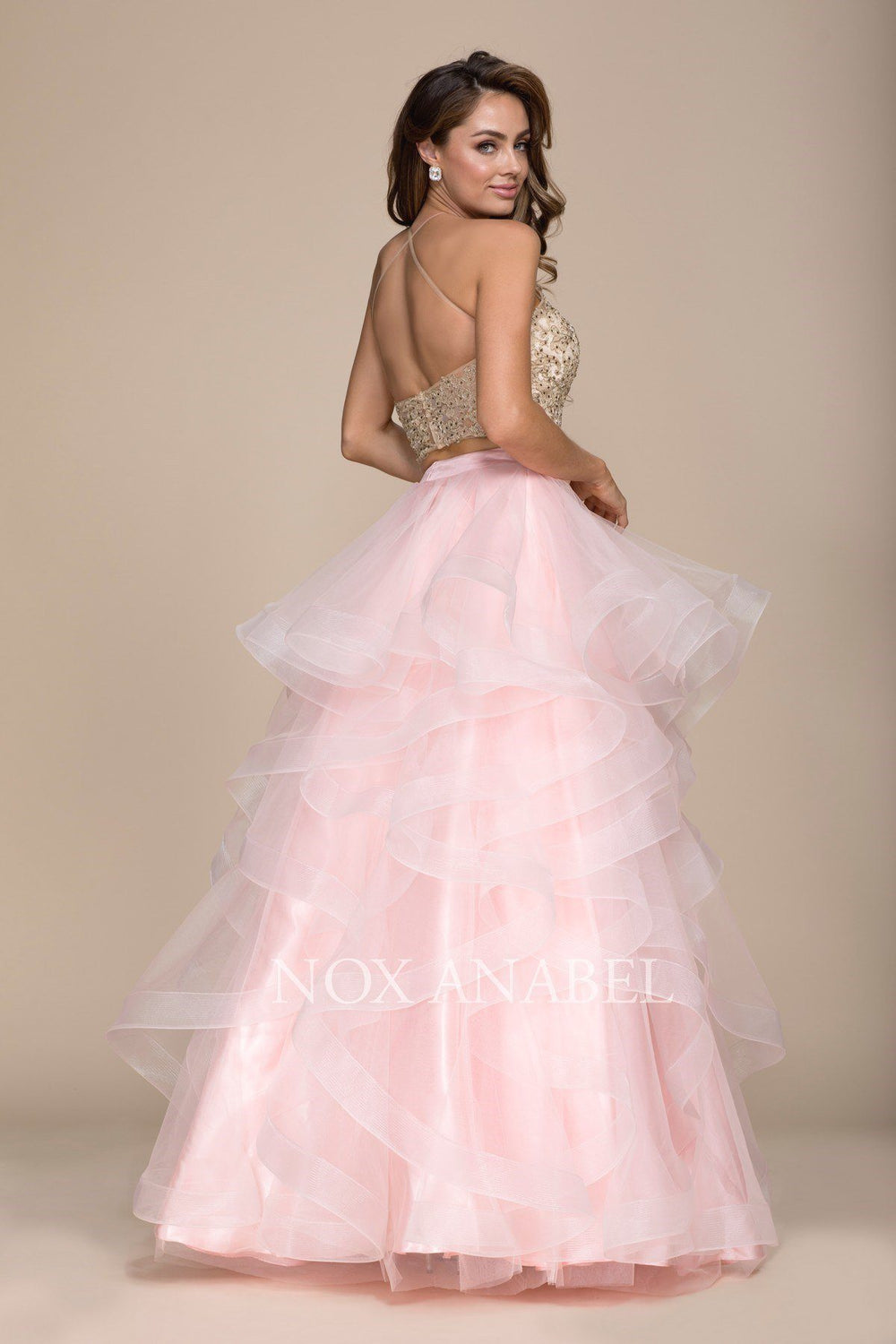 Two-Piece Long Tiered Dress with Beaded Top by Nox Anabel A055-Long Formal Dresses-ABC Fashion