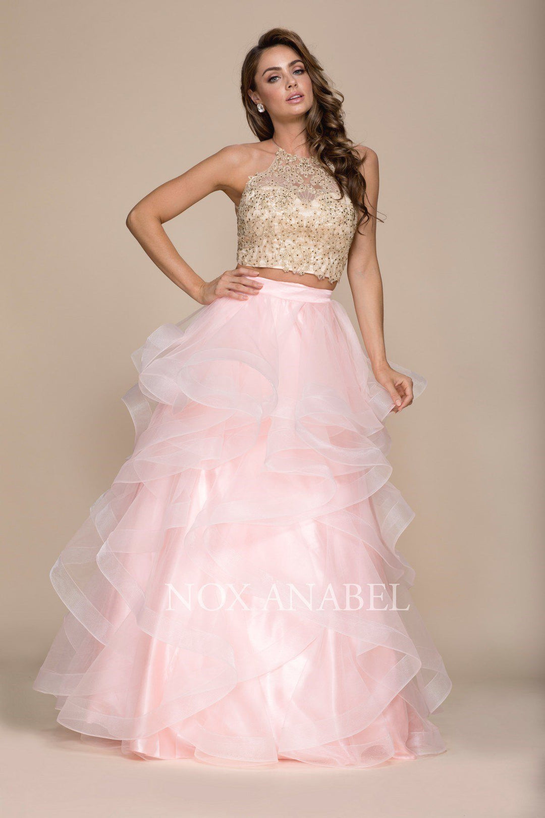 Two-Piece Long Tiered Dress with Beaded Top by Nox Anabel A055-Long Formal Dresses-ABC Fashion
