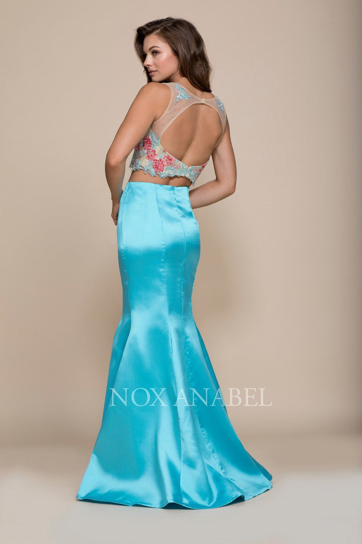 Two-Piece Mermaid Dress with Embroidered Top by Nox Anabel 8287-Long Formal Dresses-ABC Fashion