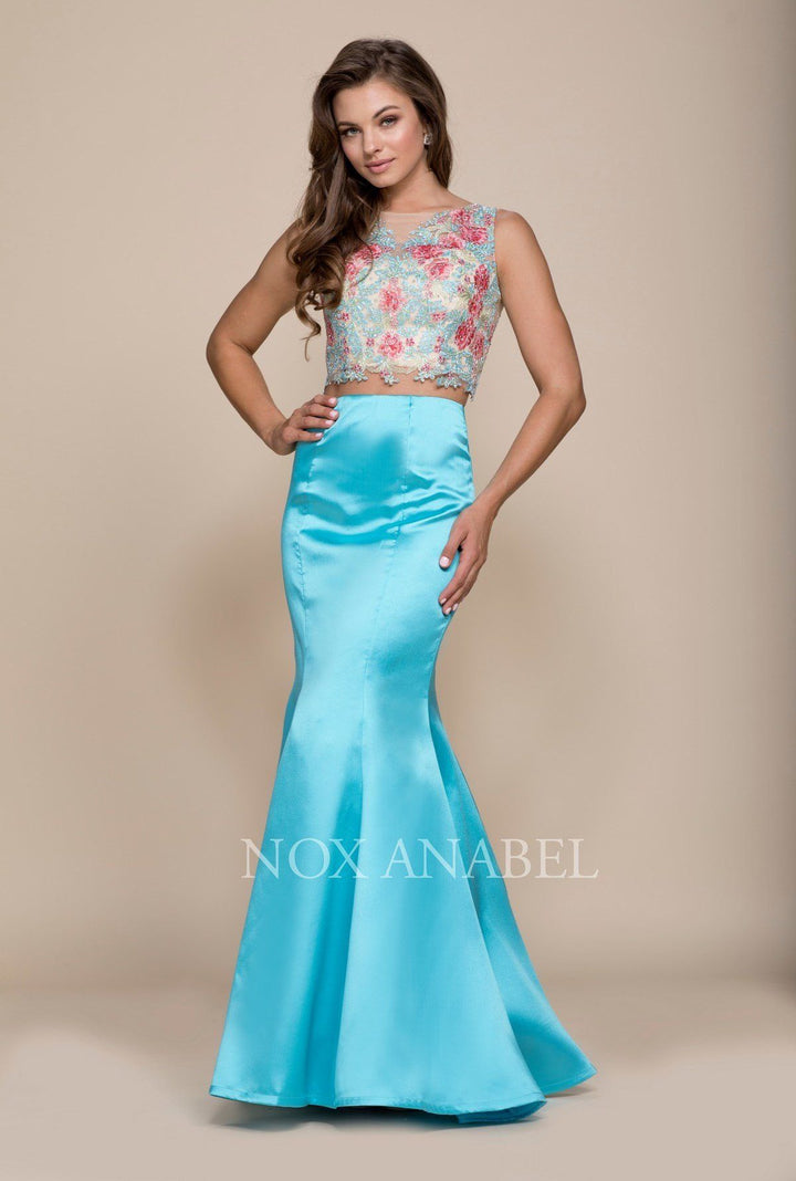 Two-Piece Mermaid Dress with Embroidered Top by Nox Anabel 8287-Long Formal Dresses-ABC Fashion