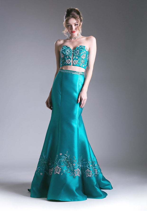 Two Piece Mermaid Dress with Floral Beaded Top by Cinderella Divine 62211-Long Formal Dresses-ABC Fashion
