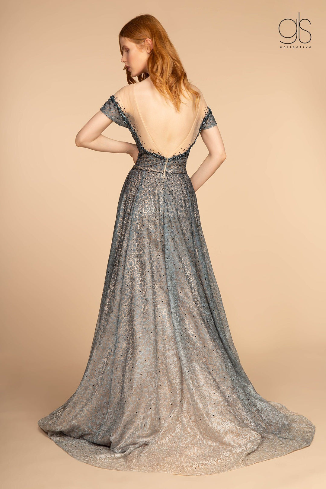 Two Tone Beaded Lace Gown with Short Sleeves by GLS Gloria GL2558-Long Formal Dresses-ABC Fashion