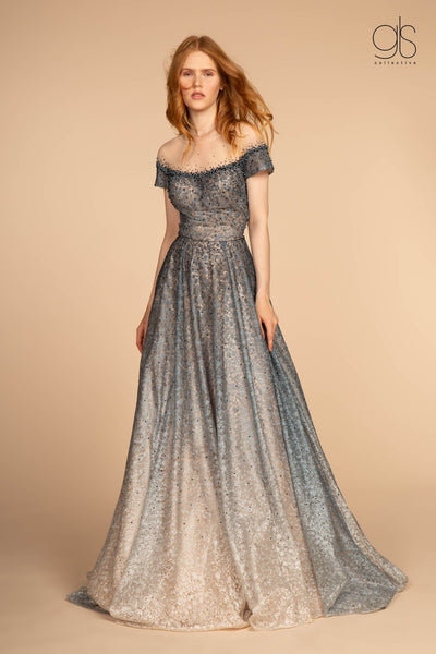 Two Tone Beaded Lace Gown with Short Sleeves by GLS Gloria GL2558-Long Formal Dresses-ABC Fashion