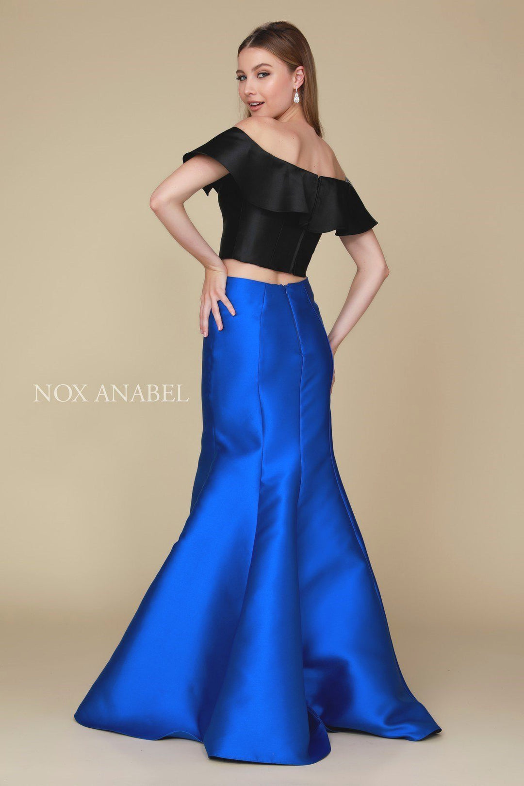 Two-Tone Off Shoulder Two-Piece Mermaid Gown by Nox Anabel Q129-Long Formal Dresses-ABC Fashion