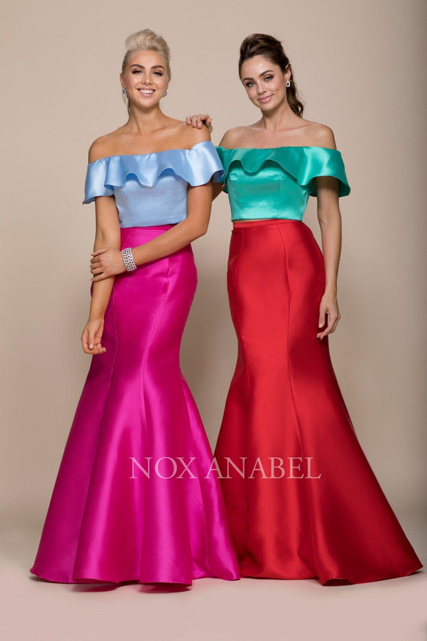 Two-Tone Off Shoulder Two-Piece Mermaid Gown by Nox Anabel Q129-Long Formal Dresses-ABC Fashion