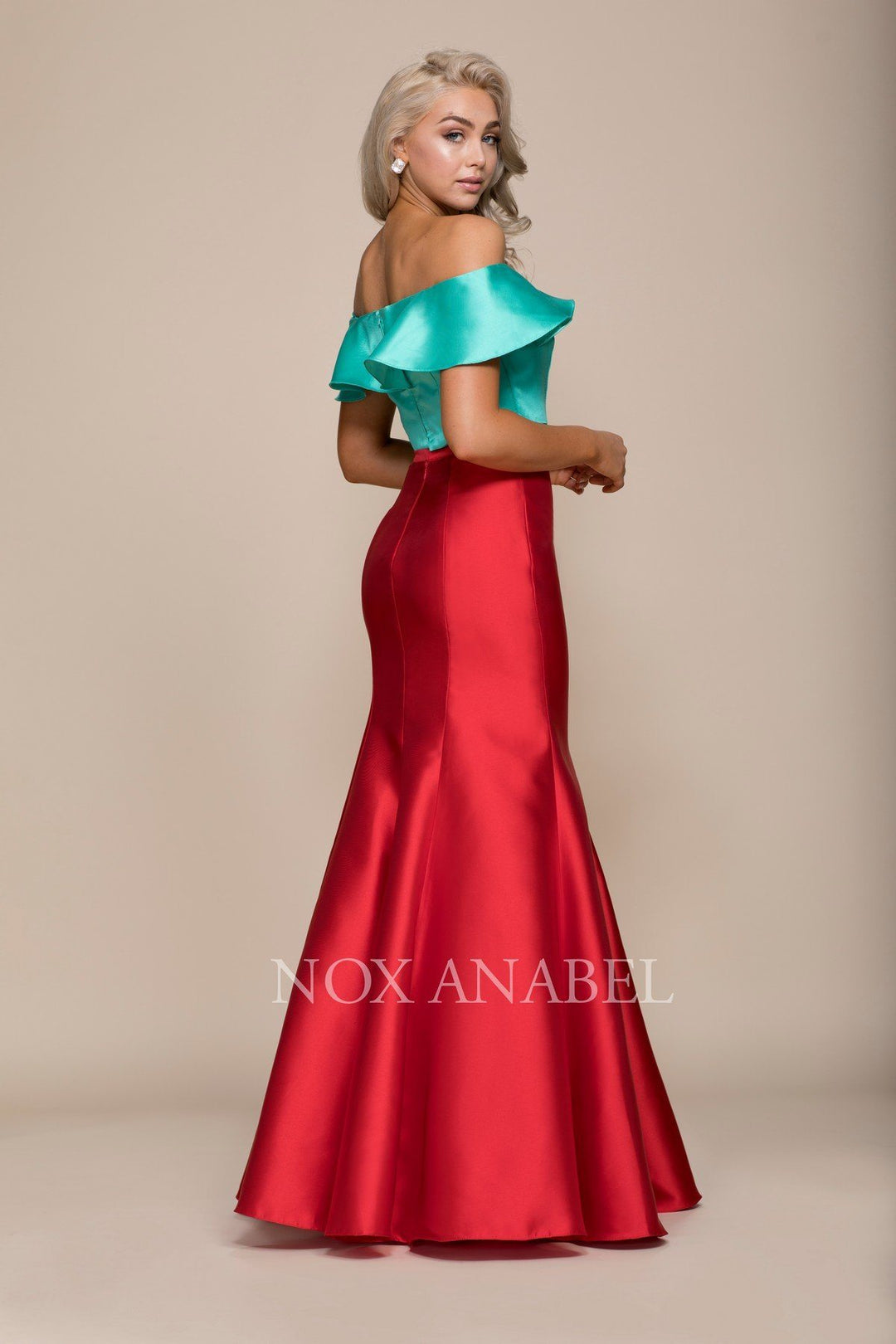 Two-Tone Off Shoulder Two-Piece Mermaid Gown by Nox Anabel Q129-Long Formal Dresses-ABC Fashion