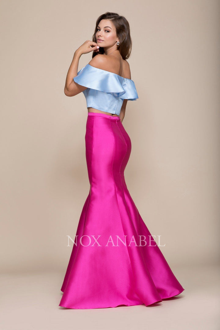 Two-Tone Off Shoulder Two-Piece Mermaid Gown by Nox Anabel Q129-Long Formal Dresses-ABC Fashion