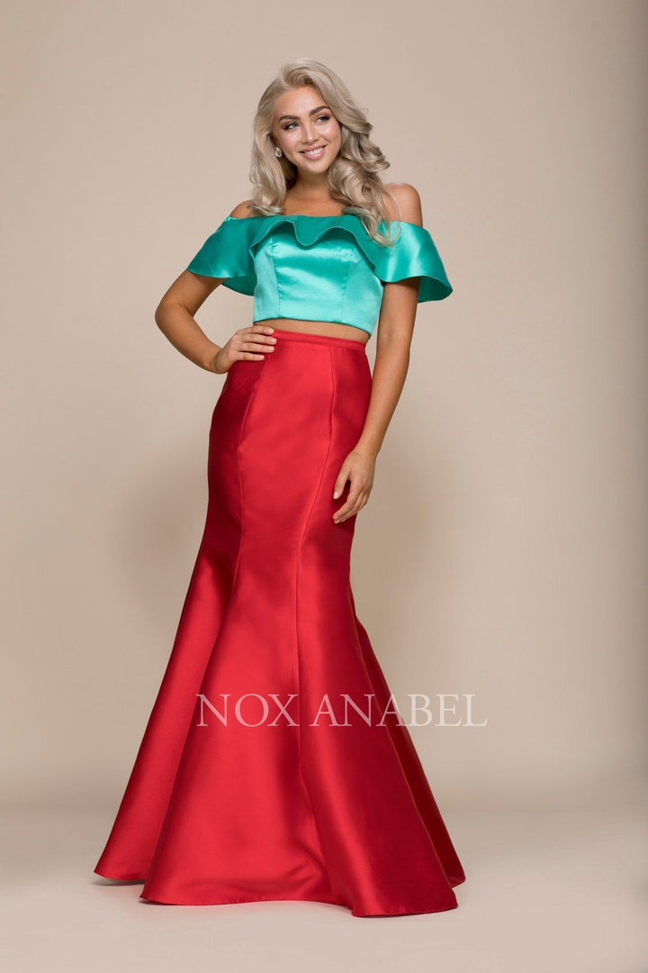 Two-Tone Off Shoulder Two-Piece Mermaid Gown by Nox Anabel Q129-Long Formal Dresses-ABC Fashion