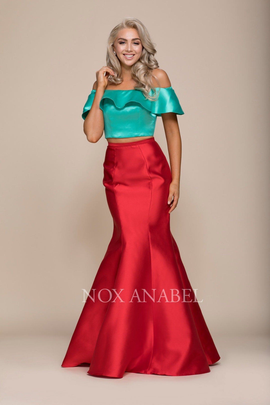 Two-Tone Off Shoulder Two-Piece Mermaid Gown by Nox Anabel Q129-Long Formal Dresses-ABC Fashion