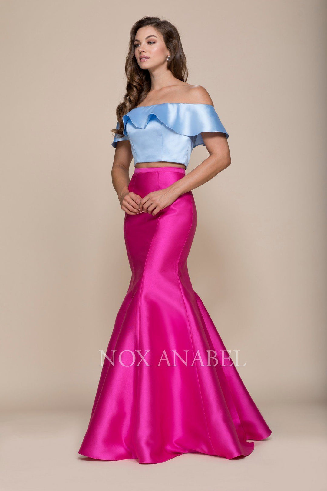 Two-Tone Off Shoulder Two-Piece Mermaid Gown by Nox Anabel Q129-Long Formal Dresses-ABC Fashion