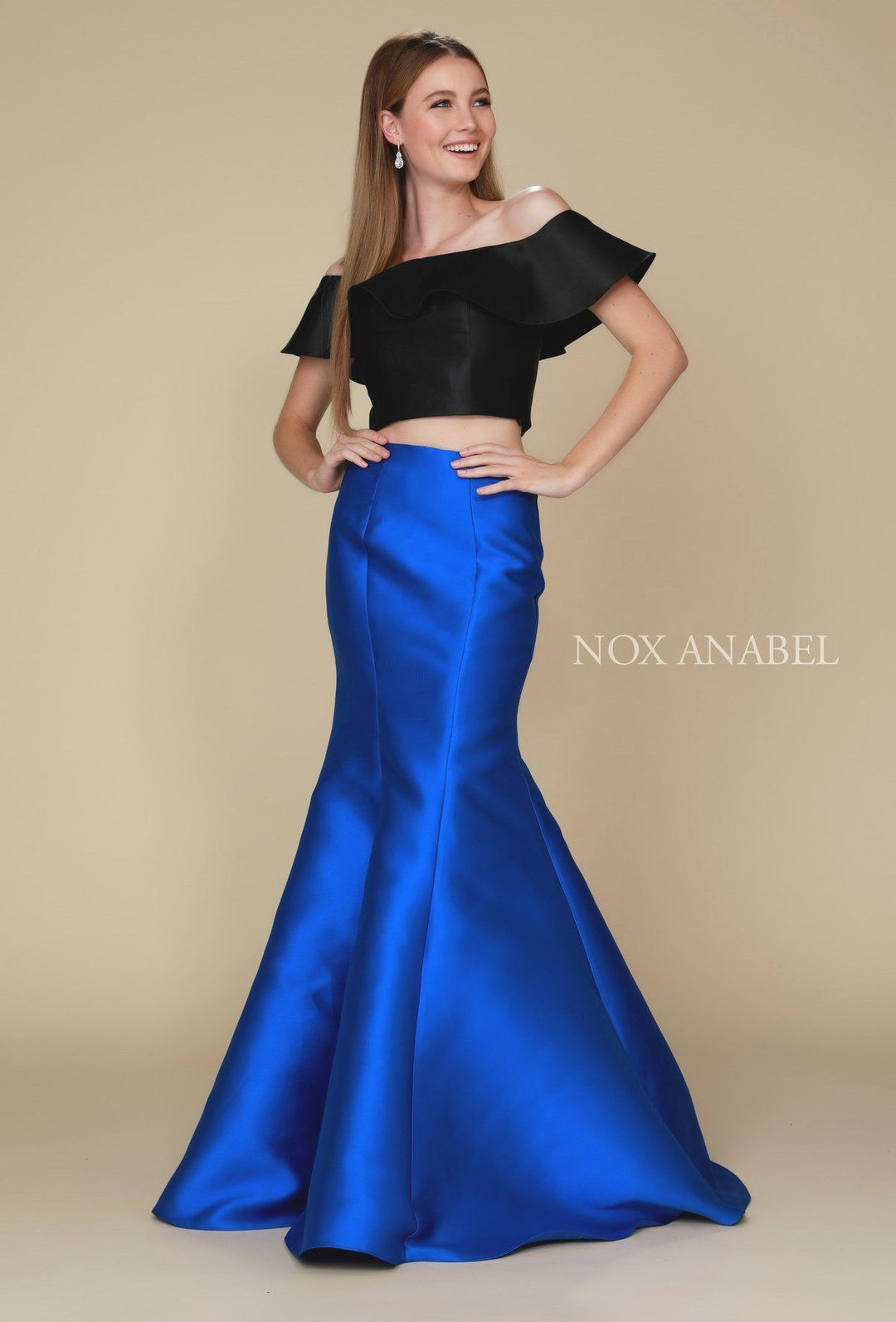 Two-Tone Off Shoulder Two-Piece Mermaid Gown by Nox Anabel Q129-Long Formal Dresses-ABC Fashion