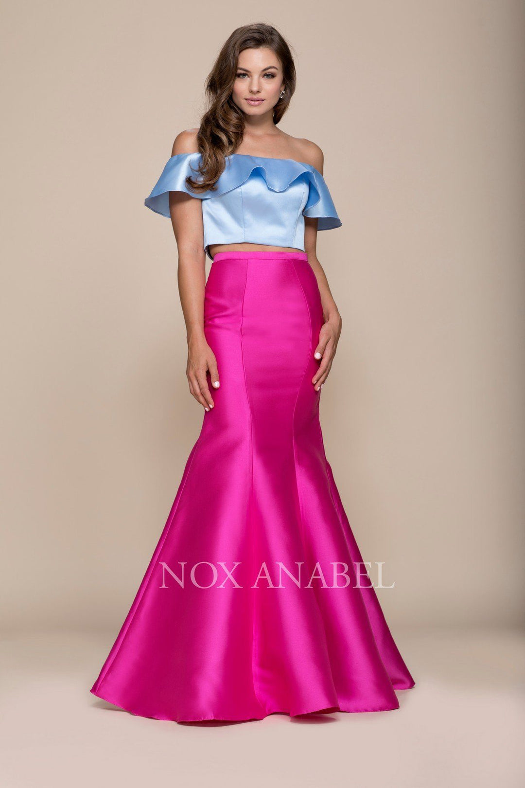 Two-Tone Off Shoulder Two-Piece Mermaid Gown by Nox Anabel Q129-Long Formal Dresses-ABC Fashion