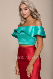 Two-Tone Off Shoulder Two-Piece Mermaid Gown by Nox Anabel Q129-Long Formal Dresses-ABC Fashion