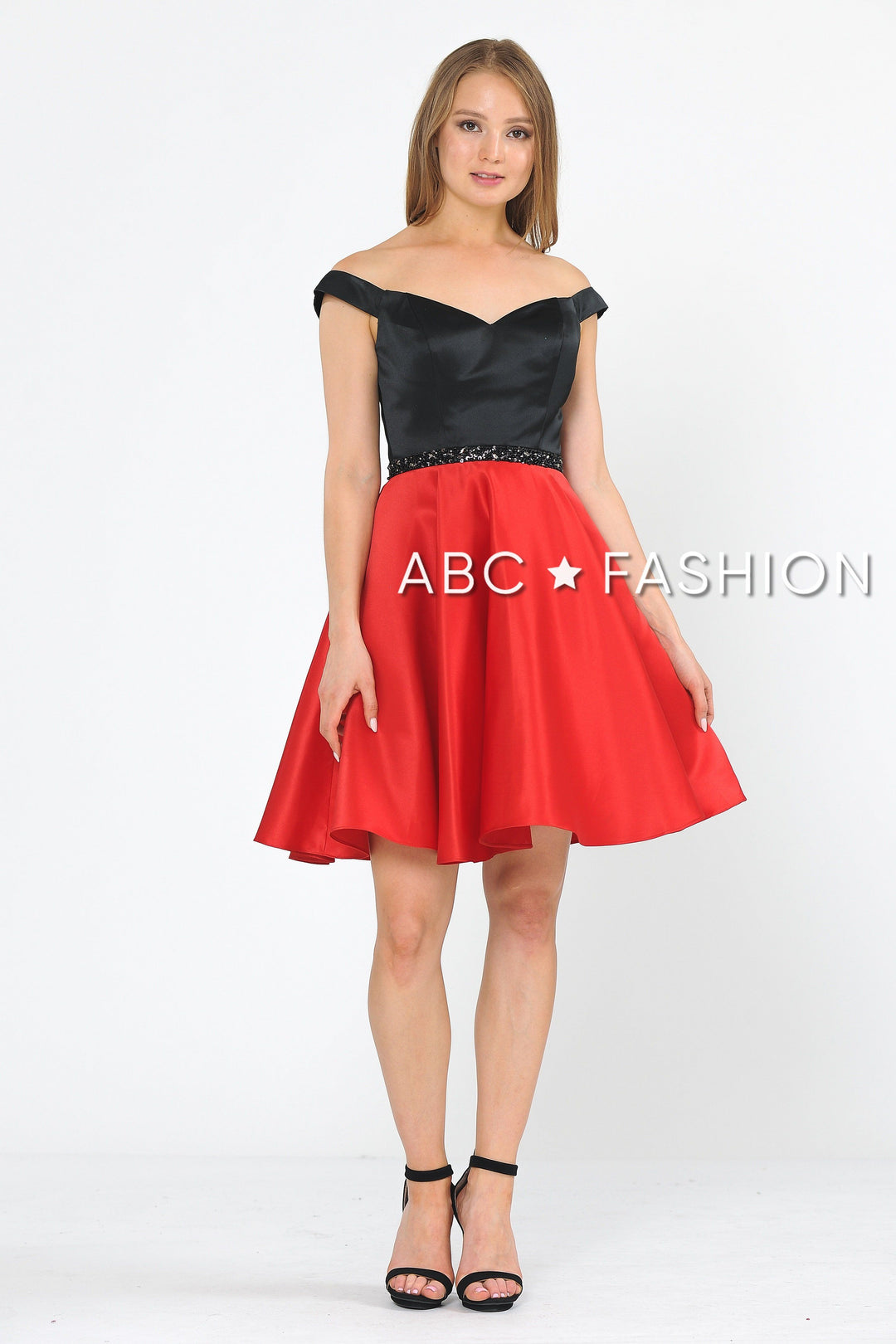 Two-Tone Short Off the Shoulder Dress by Poly USA 8532-Short Cocktail Dresses-ABC Fashion