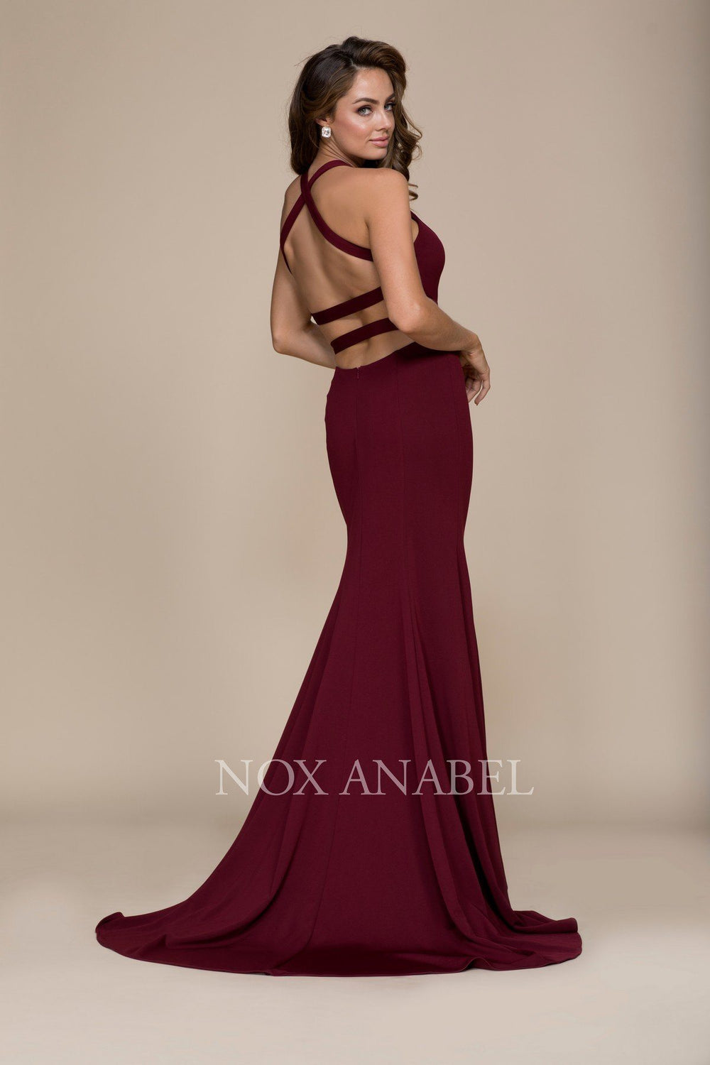 V-Neck Long Mermaid Dress with Strappy Back by Nox Anabel C023-Long Formal Dresses-ABC Fashion