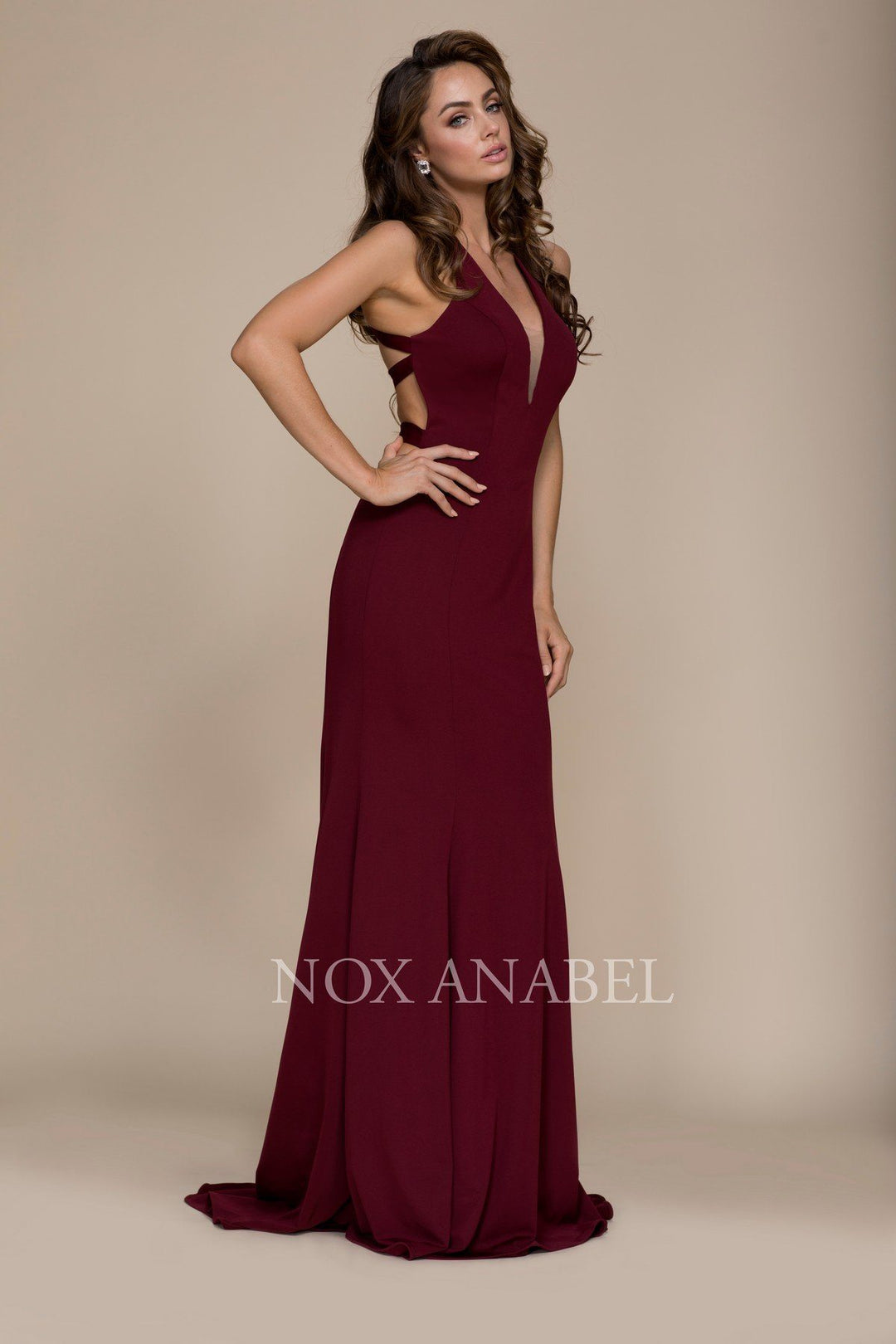 V-Neck Long Mermaid Dress with Strappy Back by Nox Anabel C023-Long Formal Dresses-ABC Fashion