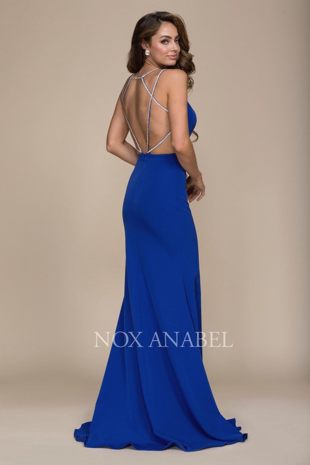V-Neck Trumpet Dress with Beaded Cage Back by Nox Anabel A078-Long Formal Dresses-ABC Fashion