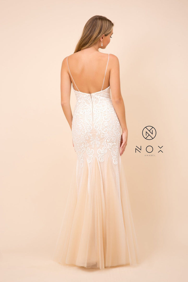 V-Neck Trumpet Gown with Lace Embroidery by Nox Anabel W903