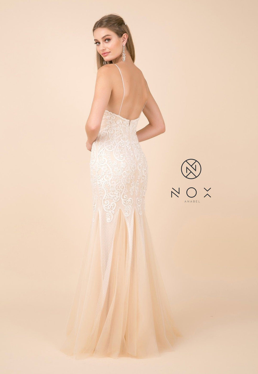 V-Neck Trumpet Gown with Lace Embroidery by Nox Anabel W903-Long Formal Dresses-ABC Fashion