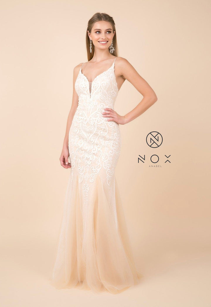 V-Neck Trumpet Gown with Lace Embroidery by Nox Anabel W903-Long Formal Dresses-ABC Fashion