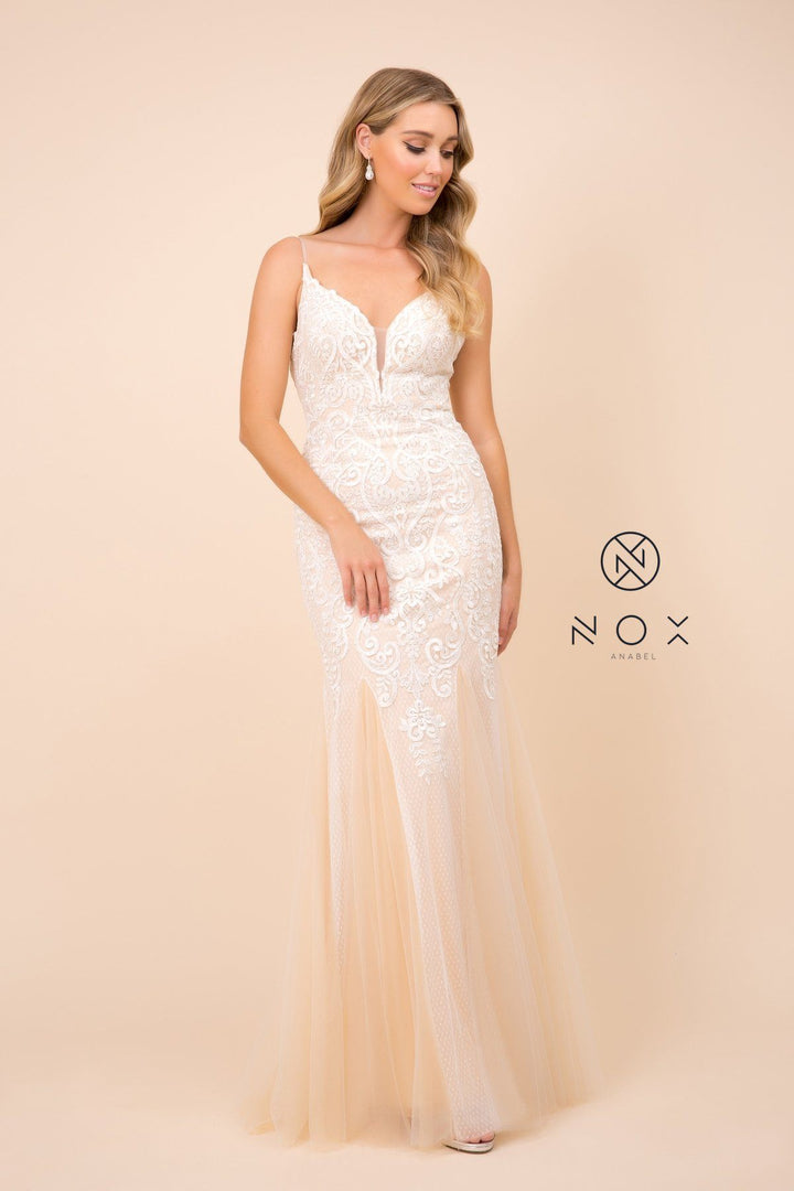 V-Neck Trumpet Gown with Lace Embroidery by Nox Anabel W903