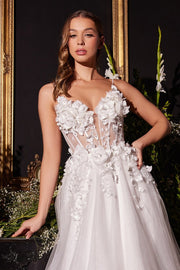 White 3D Floral A-line Tulle Gown by Ladivine CM321W