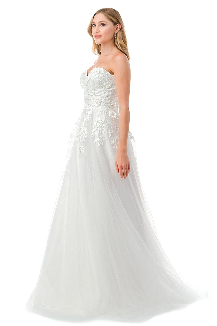 White 3D Floral Strapless Tulle Gown by Coya L2783A
