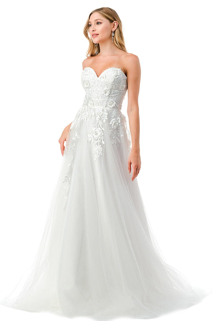 White 3D Floral Strapless Tulle Gown by Coya L2783A
