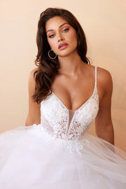 White Applique Tulle Gown by Cinderella Divine CD0195W