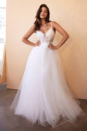 White Applique Tulle Gown by Cinderella Divine CD0195W