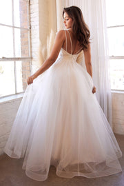 White Beaded Long Tulle Dress by Cinderella Divine CD0154W