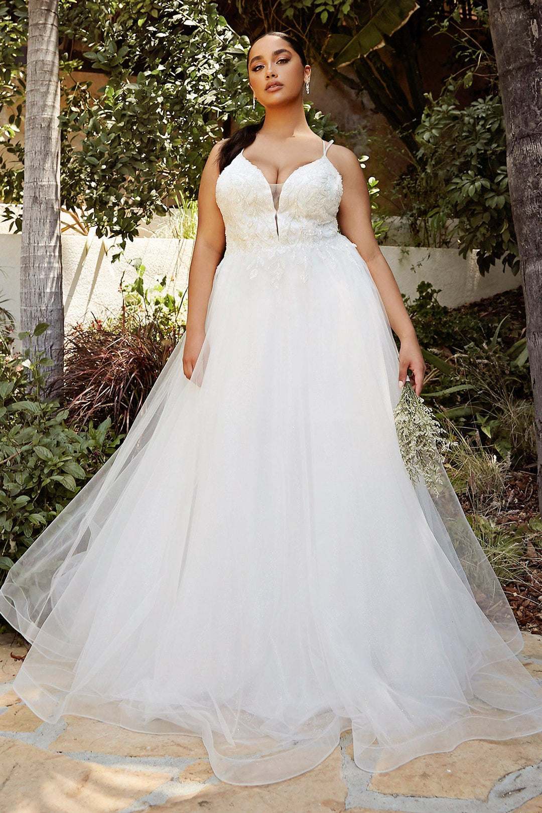 White Beaded Long Tulle Dress by Cinderella Divine CD0154W – ABC Fashion