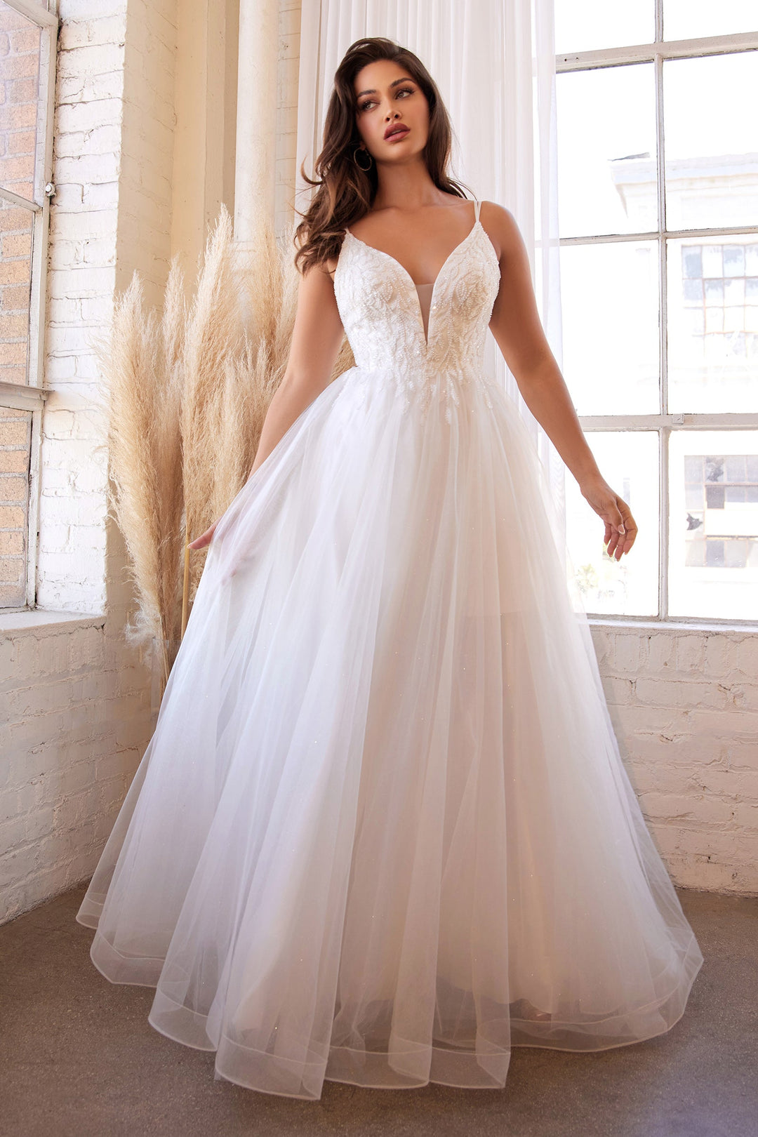 White Beaded Long Tulle Dress by Cinderella Divine CD0154W