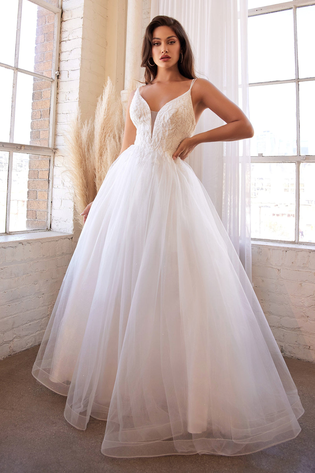 White Beaded Long Tulle Dress by Cinderella Divine CD0154W