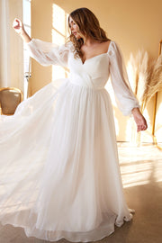 White Curve Long Sleeve Chiffon Gown by Cinderella Divine CD243WC
