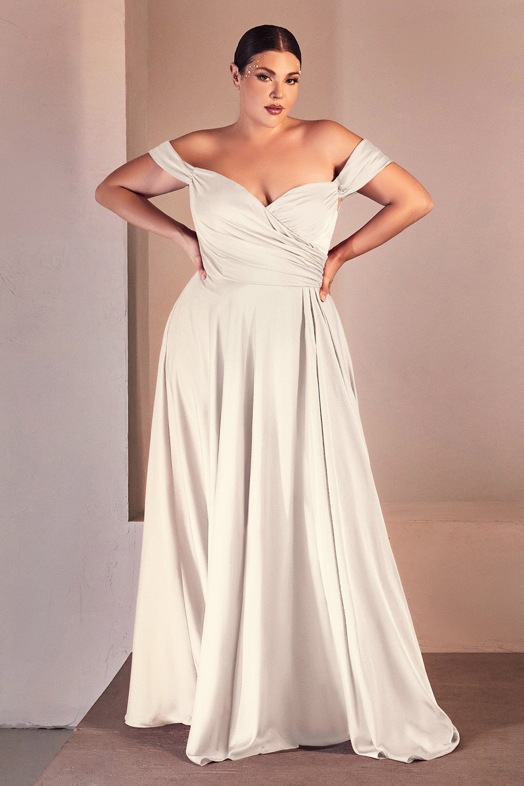 White Curve Off Shoulder A-line Satin Gown by Ladivine 7493WC